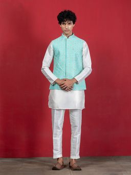 EKYAA - Mandarin Collar Long Sleeves Regular Blue Kurta with Pant and Jacket