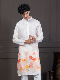 EKYAA - Men Floral Printed White Kurta