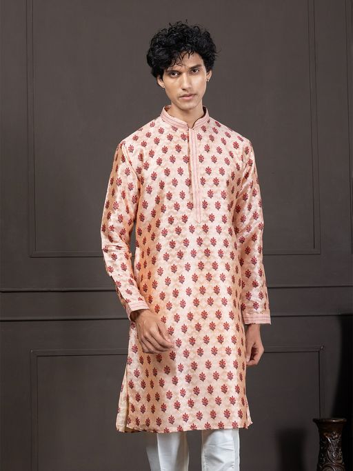 EKYAA Jacquard Ethnic Motif Peach Kurta
