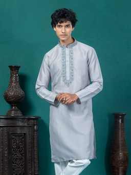 EKYAA - Floral Yoke Design Thread Work Straight Grey Kurta