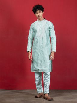 EKYAA - Men Ethnic Motif Yoke Embroidery Blue Kurta with Pant