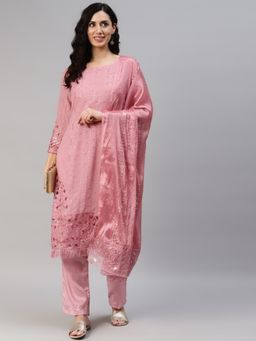 Readiprint - Semi-Stitched Georgette Pink Kurti with Bottom and Dupatta (Set of 3) (Free Size)