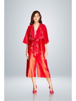BETRUE - Red Chanderi Silk Embroidered Shaket
