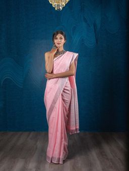 EXCLUSIVA - Pink Linen Woven & Silver Zari Border Saree with Unstitched Blouse
