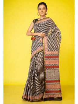 Unnati Silks - Black Pure Preet Bagru Mulmul Saree with Unstitched Blouse
