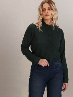 U.S. POLO ASSN. - Women Olive Ruffled Collar Long Sleeve Solid Top