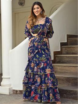 Lavanya The Label - Navy Blue Printed Ruffle Saree with Stitched Blouse With Belt