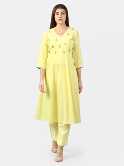 DART STUDIO - Cotton Jacquard Kurta With Hand Embroidery Yellow