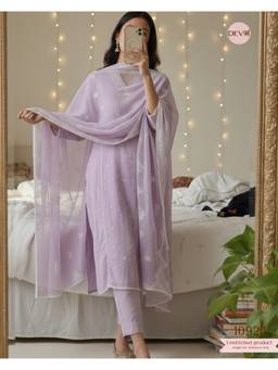 DEVRI - Purple Organza Embroidered Unstitched Kurta with Pant and Dupatta