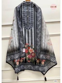 DEVRI - Black Linen Cotton Printed Embroidered Unstitched Kurta with Pant and Dupatta