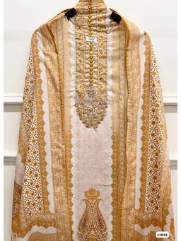 DEVRI - Yellow Cotton Embidered Unstitched Kurta with Pant and Dupatta