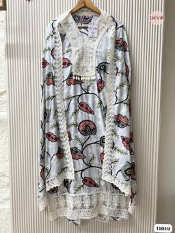 DEVRI - Grey Muslin Printed Embroidered Unstitched Kurta with Pant and Dupatta