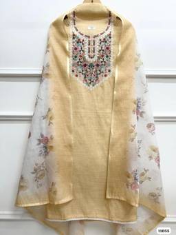 DEVRI - Cream Khadi Cotton Embroidered Unstitched Kurta with Pant and Dupatta