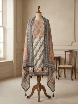 DEVRI - Multicolor Organza Printed Unstitched Kurta with Pant and Dupatta