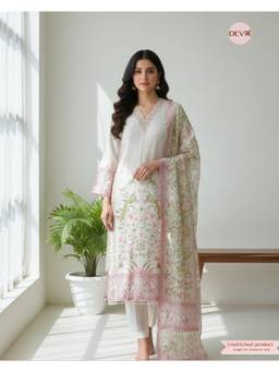 DEVRI - White Organza Printed Hand Embroidered Unstitched Kurta with Pant and Dupatta