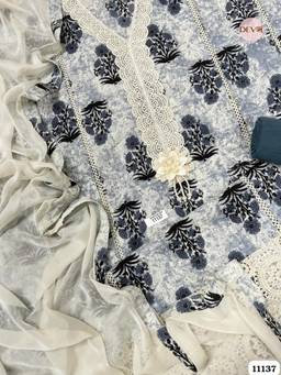 DEVRI - Blue Cotton Unstitched Kurta with Pant and Dupatta