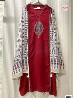 DEVRI - Maroon Slub Cotton Unstitched Kurta with Pant and Dupatta