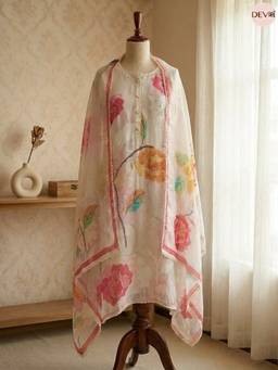 DEVRI - White Organza Printed Unstitched Kurta with Pant and Dupatta