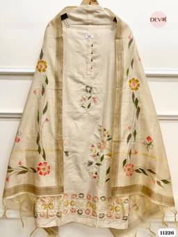 DEVRI - Beige Linen Printed Unstitched Kurta with Pant and Dupatta