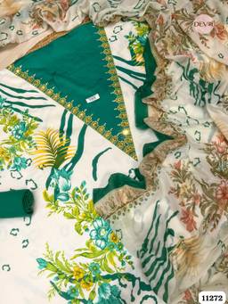 DEVRI - White Cotton Printed Hand Embroidered Unstitched Kurta with Pant and Dupatta