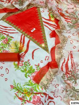 DEVRI - White Cotton Printed Hand Embroidered Unstitched Kurta with Pant and Dupatta