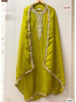 DEVRI - Green Pure Organza Embroidered Unstitched Kurta with Pant and Dupatta