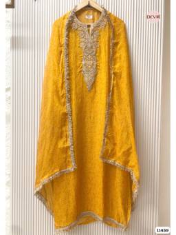 DEVRI - Yellow Pure Organza Embroidered Unstitched Kurta with Pant and Dupatta