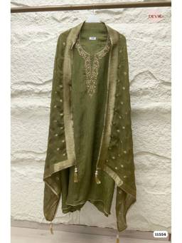 DEVRI - Olive Pure Tissue Unstitched Kurta with Pant and Dupatta