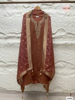DEVRI - Brown Pure Tissue Crush Silk Embroidered Unstitched Kurta with Pant and Dupatta