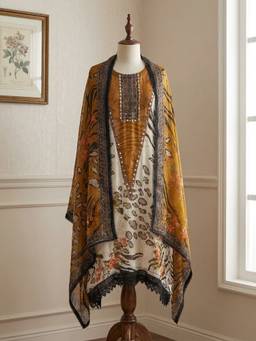 DEVRI - Brown/Cream Organza Printed Semi-Stitched Kurta with Pant and Dupatta
