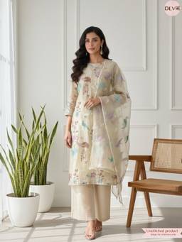 DEVRI - Beige Tissue Organza Silk Embroidered Unstitched Kurta with Pant and Dupatta