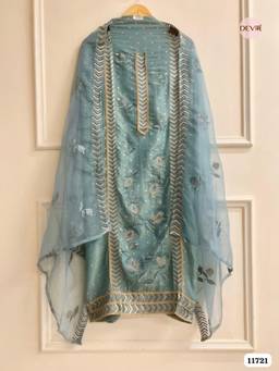 DEVRI - Blue Green Tissue Unstitched Kurta with Pant and Dupatta
