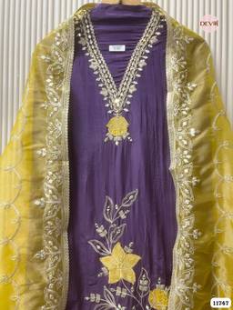 DEVRI - Fine Blue Tissue Glass Silk Hand Embroidered Unstitched Kurta with Pant and Dupatta