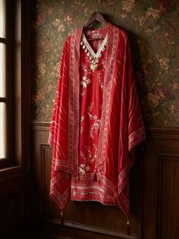 DEVRI - Red Russian Silk Printed Unstitched Kurta with Pant and Dupatta