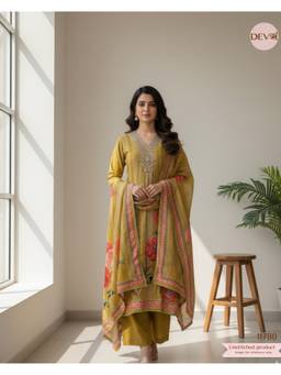 DEVRI - Yellow Russian Silk Printed Hand Embroidered Unstitched Kurta with Pant and Dupatta