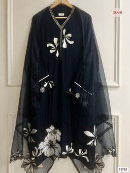 DEVRI - Black Pure Muslin Unstitched Kurta with Pant and Dupatta