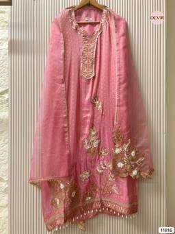 DEVRI - Blush Pink Shimmer Silk Embroidered Unstitched Kurta with Pant and Dupatta