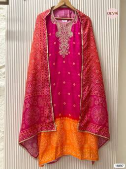 DEVRI - Pink Russian Silk Printed Hand Embroidered Semi Stitched Kurta with Pant and Dupatta