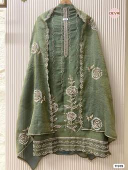 DEVRI - Green Pure Tissue Crush Hand Embroidered Unstitched Kurta with Pant and Dupatta