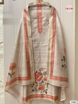 DEVRI - Beige Tusser Silk Embroidered Unstitched Kurta with Pant and Dupatta