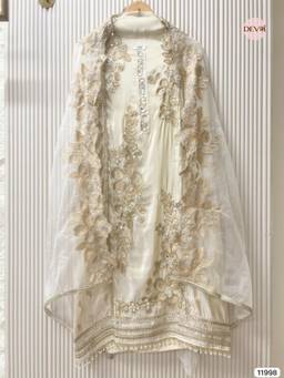 DEVRI - Beige Tissue Shimmer Silk Embroidered Unstitched Kurta with Pant and Dupatta