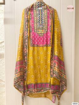 DEVRI - Yellow Silk Embroidered Unstitched Kurta with Pant and Dupatta
