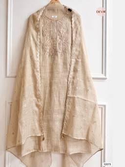DEVRI - Beige Pure Linen Embroidered Unstitched Kurta with Pant and Dupatta