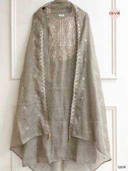 DEVRI - Grey Pure Linen Zardosi Embroidered Unstitched Kurta with Pant and Dupatta