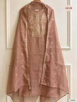 DEVRI - Brown Pure Linenembroidered Unstitched Kurta with Pant and Dupatta