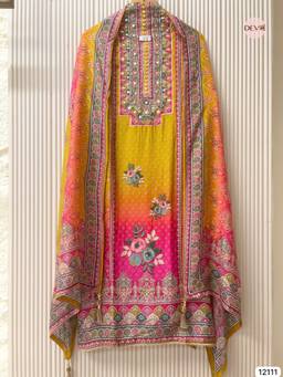 DEVRI - Yellow Pure Organza Silk Printed Unstitched Kurta with Pant and Dupatta