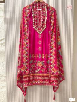 DEVRI - Pink Pure Natural Crepe Printed Unstitched Kurta with Pant and Dupatta