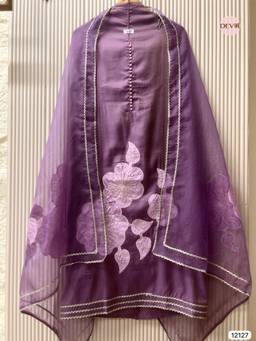 DEVRI - Purple Shimmer Silk Applique Embroidered Unstitched Kurta with Pant and Dupatta