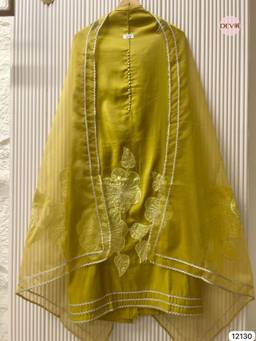 DEVRI - Yellow Shimmer Silk Applique Embroidered Unstitched Kurta with Pant and Dupatta