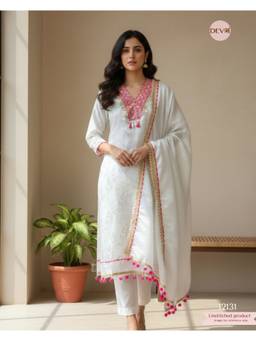 DEVRI - Off White Silk Embroidered Semi Stitched Kurta with Pant and Dupatta